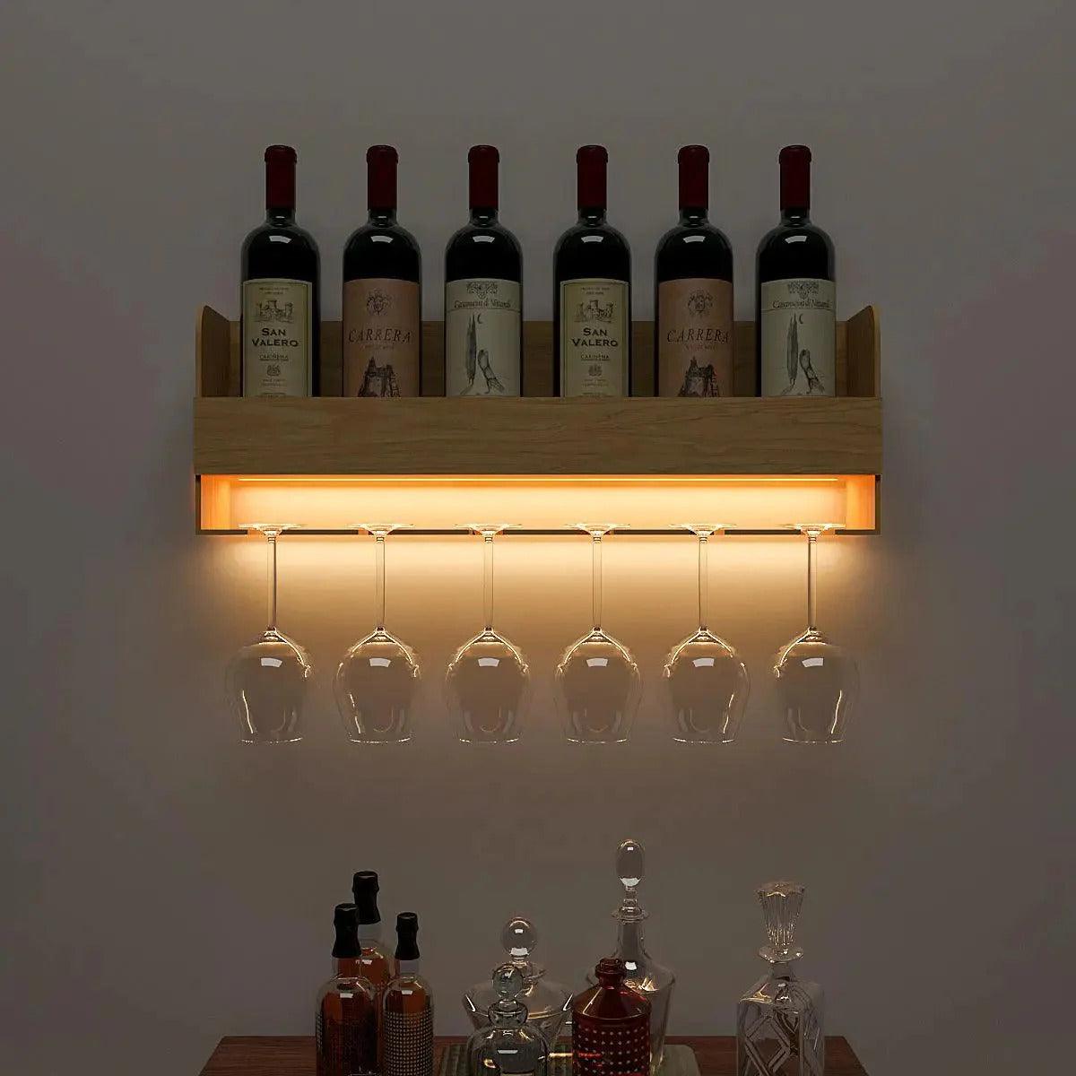 Minimalistic Design Artistic Backlit Wall Mounted Mini Bar Shelf in Light Oak Finish