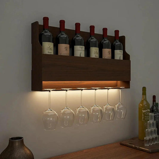 Premium Spacious Design Backlit MDF Mini Bar Shelf in Walnut Finish