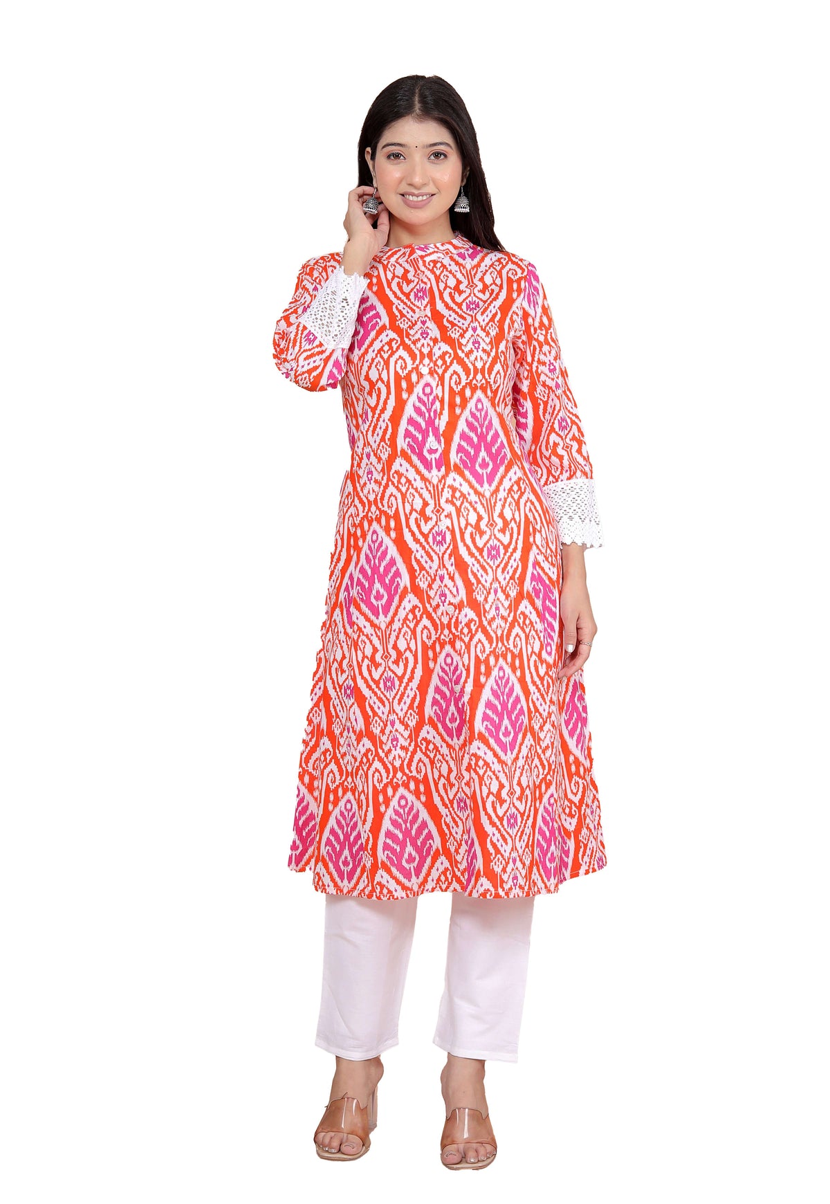 Women's Cotton Printed Mandarin Collar A-Line Kurti with Pant (Orange)