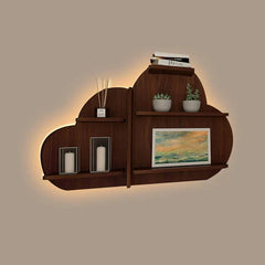 Cloud Shape Backlit Designer Wooden Wall Shelf / Book Shelf / Night Light, Walnut Finish