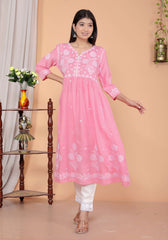 SHITAL CRAFTS Women's Rayon Embroidered vcut Collar Anarkali Kurti with Pant (Pink)