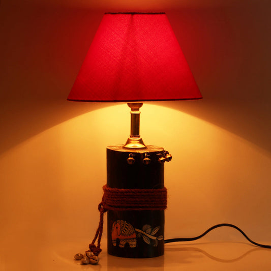 'The Red-Shade Log' Madhubani Hand-Painted Table Lamp In Wood