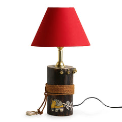 'The Red-Shade Log' Madhubani Hand-Painted Table Lamp In Wood