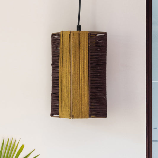 'Jute Glimmers' Handwoven Cuboidal Hanging Pendant Lamp In Jute & Iron (27.9 cm)