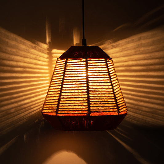 'Jute Fluorescence' Handwoven Pyramidal Hanging Pendant Lamp In Jute & Iron (27.9 cm)