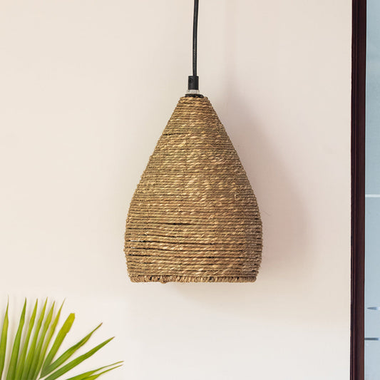 'Blazing Rope' Handwoven Conical Hanging Pendant Lamp In Band Rope & Iron (25.4 cm)
