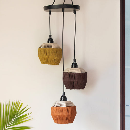 Jute Flares' Handwoven Adjustable Chandelier With Hanging Lamp Shades In Jute & Iron (3 Shades | 55.9 cm)