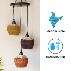 Jute Flares' Handwoven Adjustable Chandelier With Hanging Lamp Shades In Jute & Iron (3 Shades | 55.9 cm)