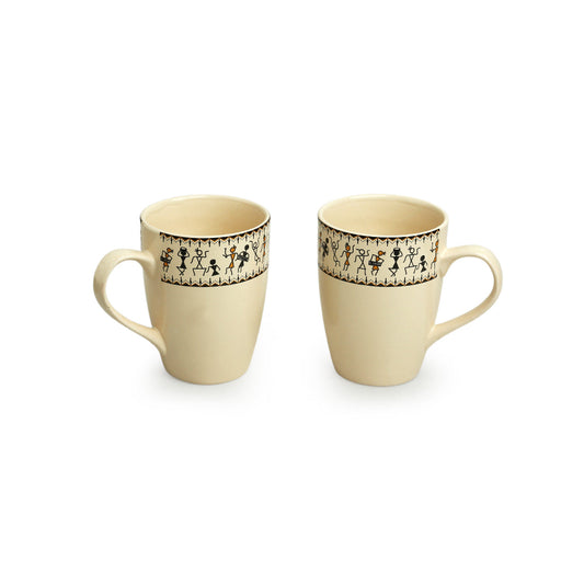 'Whispers of Warli' Handcrafted Ceramic Tea & Coffee Mugs (Set of 2, 300 ML, Microwave Safe)