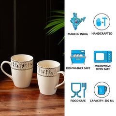 'Whispers of Warli' Handcrafted Ceramic Tea & Coffee Mugs (Set of 2, 300 ML, Microwave Safe)