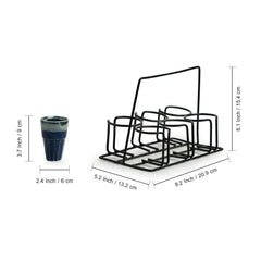 'Buzzing Blues' Tea Chai Glasses In Stoneware With Iron Holder (Set of 6)