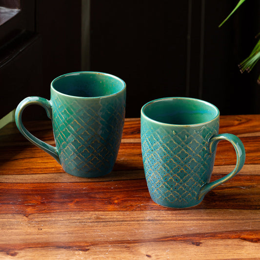 Moroccan Turqouise Handcrafted Printed Ceramic Tea Cups Coffee Mugs (Set Of 6, 300 ML Each)