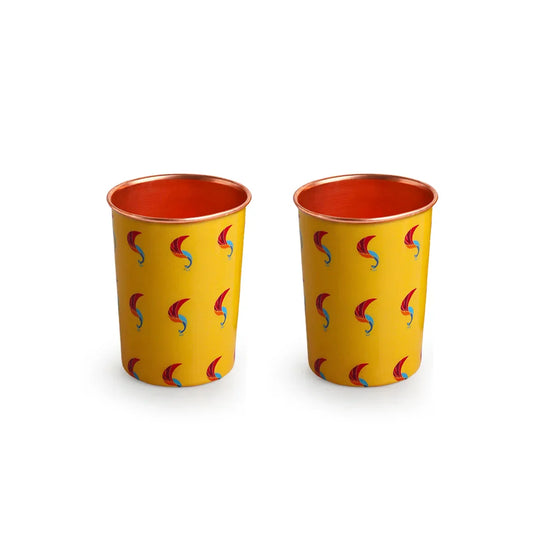 'Peacocks' Hand-Enamelled Water Glasses In Copper (Set of 2, 220 ml)