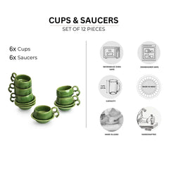 'Jade Forest' Hand Glazed Ceramic Tea Cups & Saucers (Set of 6, 120 ml, Microwave Safe)
