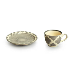 'Moroccan Essentials' Hand-Painted Ceramic Tea Cups & Saucers (Set of 6, 120 ml, Microwave Safe)