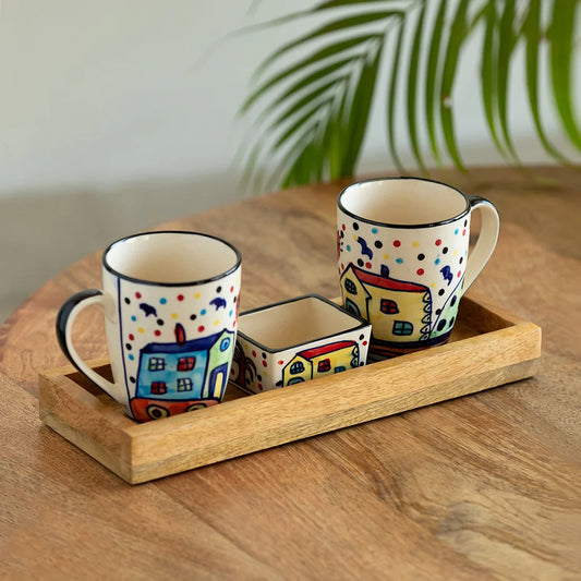 'The Hut' Ceramic Tea & Coffee Mugs With Nut Bowl & Wooden Tray (270 ml & 80 ml, Hand-Painted)
