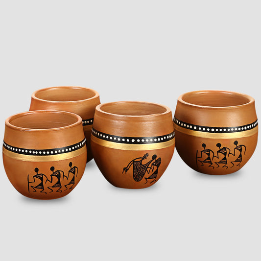 'New-Old World Charms' Warli Hand-Painted Kulhads In Terracotta  (Set Of 4)