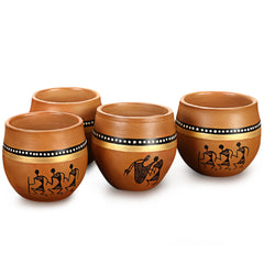 'New-Old World Charms' Warli Hand-Painted Kulhads In Terracotta  (Set Of 4)