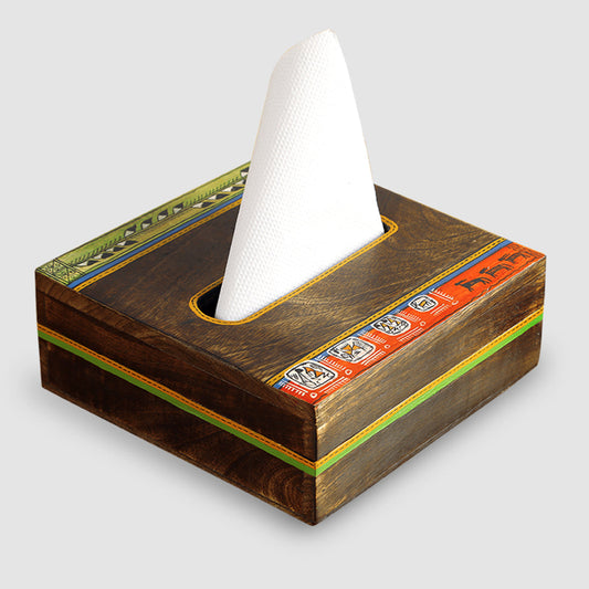 'Woody Hues' Warli Hand-Painted Napkin Holder