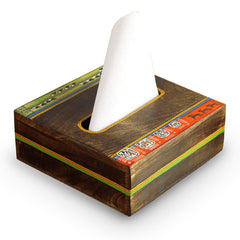 'Woody Hues' Warli Hand-Painted Napkin Holder