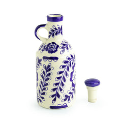 The 'Flowy Flora' Mughal Hand-Painted Ink Blue Decorative Ceramic Oil Bottle (1000 ML)