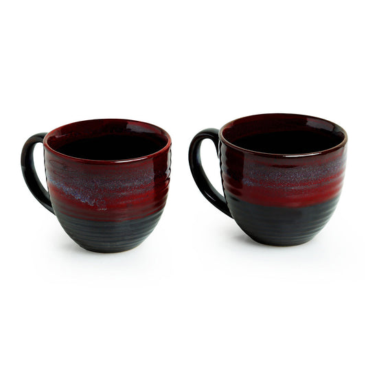 'Crimson Lava Dome' Hand Glazed Studio Pottery Ceramic Coffee & Tea Mugs (Set Of 2)