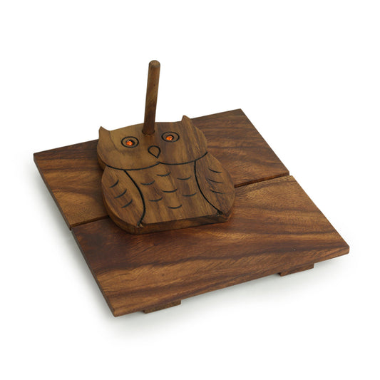 'Owl On Board' Hand Carved Tissue Holder In Sheesham Wood