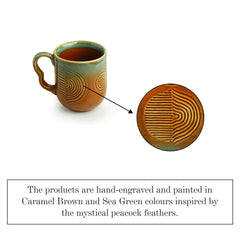 Peacock Boulevard' Hand-Engraved Ceramic Coffee & Tea Cups (Set of 6 | 180 ML | Microwave Safe)