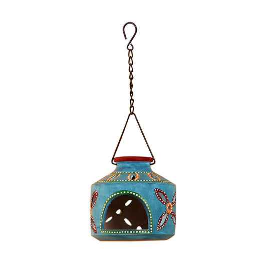 'The Glowing Matki' Terracotta Hanging Tea-Light Holder In Azure Blue