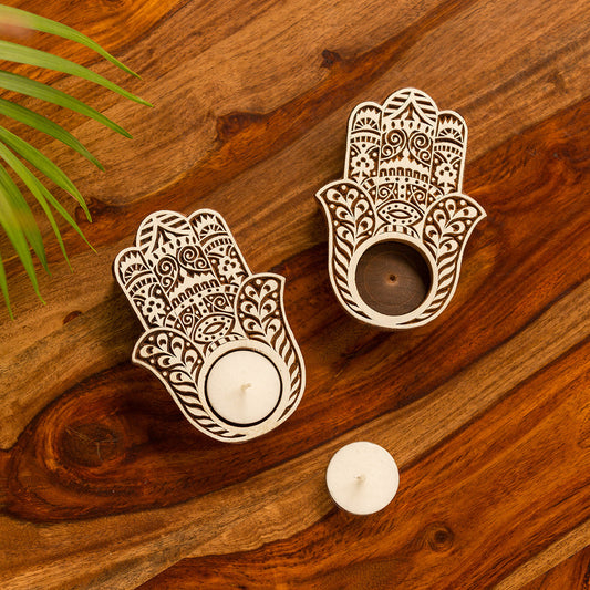 'Radiant Palm' Hand-Carved Blocks Tea-Light Holders In Sheesham Wood (Set of 2)