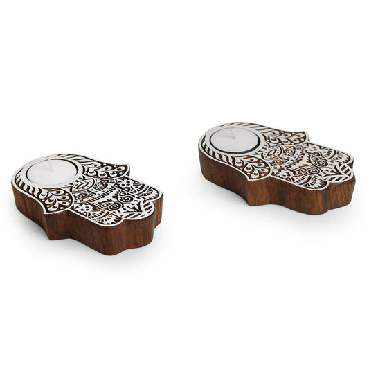 'Radiant Palm' Hand-Carved Blocks Tea-Light Holders In Sheesham Wood (Set of 2)