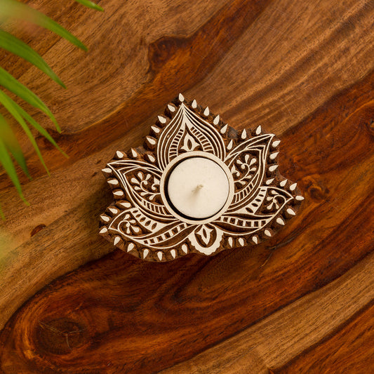 'Luminous Lotus' Hand-Carved Block Tea-Light Holder