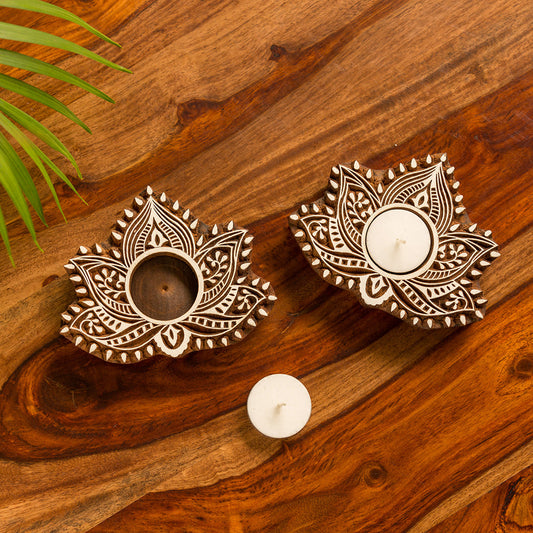 'Luminous Lotus' Hand-Carved Blocks Tea-Light Holders In Sheesham Wood (Set of 2)