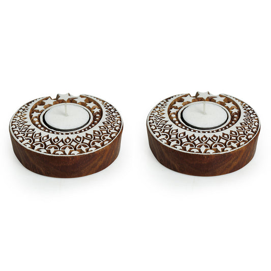 'Shimmering Moon' Hand-Carved Blocks Tea-Light Holders In Sheesham Wood (Set of 2)