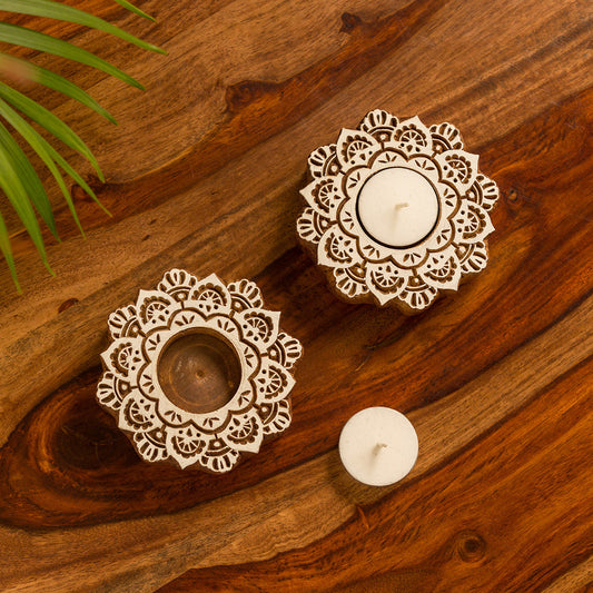 'Lustrous Flower' Hand-Carved Blocks Tea-Light Holders In Sheesham Wood (Set of 2)