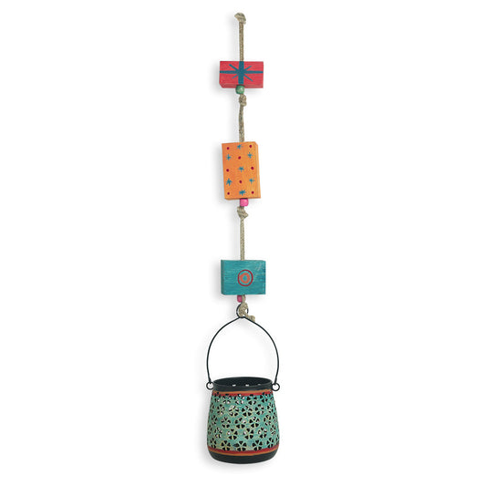 'Oasis Radiance' Hand-Painted Hanging Tea-Light Holder In Iron (Turquoise Blue)