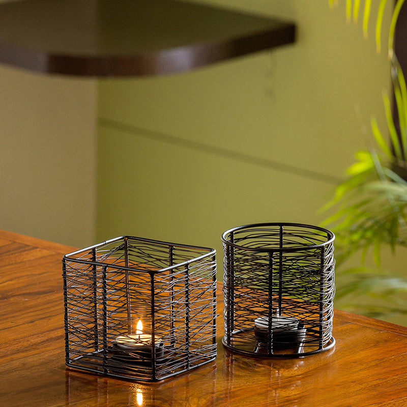 🕯️ Glowing Mesh Duo – Set of 2 Handwired Matte Black Tea-Light Holders