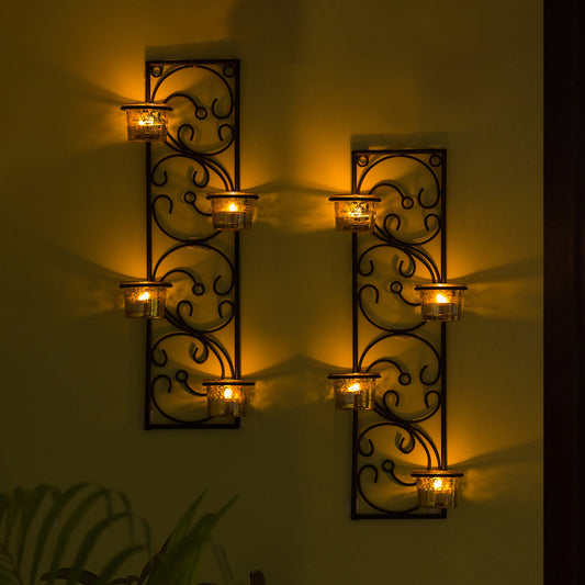 'Glowing Vines' Handcrafted Wall Sconce Tea Light Holders In Iron With Glass Holders (Set of 2)