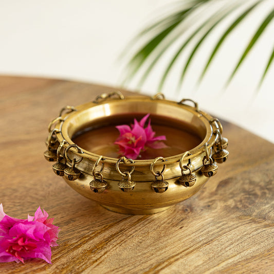 'Zeenat' Handcarved Brass Urli Bowl With Bells (15 cm, 600 ml, 940 grams)