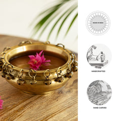 'Zeenat' Handcarved Brass Urli Bowl With Bells (15 cm, 600 ml, 940 grams)