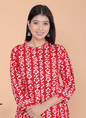 Women's Rayon Floral Printed Mandarin Collar A-Line Kurti with Trousers (Red-M)