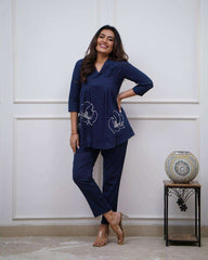 Women's Cotton Embroidered Co-ord Set 2 Piece Top Bottom Set (Navy Blue-L)