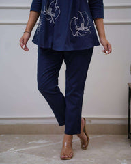 Women's Cotton Embroidered Co-ord Set 2 Piece Top Bottom Set (Navy Blue-L)