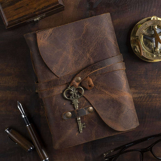 Genuine Leather Diary | Vintage Handmade Leather Journal | Premium Antique Key Closure | 200 Handmade Deckle Edge Antique Pages