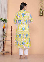 Women's Cotton  Printed Mandarin Collar A-Line Kurti with Pant (Lemon)