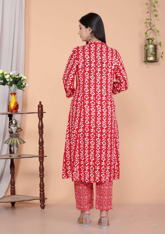 Women's Rayon Floral Printed Mandarin Collar A-Line Kurti with Trousers (Red-M)