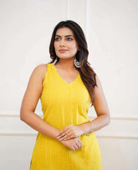 Women's Cotton Printed Sleeveless Straight Kurti With Pant Set (Yellow-)
