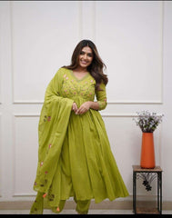 Women's Cotton Embroidered Long Anarkali Kurti With Pant and Dupatta Set (Mehendi Green-L)