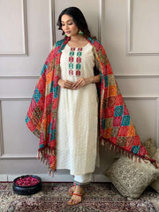 Women's Cotton Chikankari Print Straight Kurti with Pant andMulmul Dupatta Set