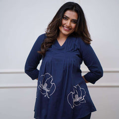 Women's Cotton Embroidered Co-ord Set 2 Piece Top Bottom Set (Navy Blue-L)